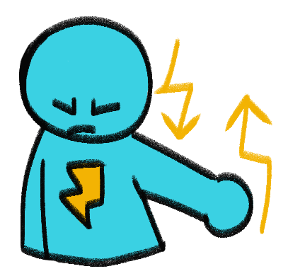 A teal person with a lightning bolt on their chest looking down with scrunched eyes and lifting their arm, with a yellow lightning arrow next to their face pointing down, and one above their arm pointing up.